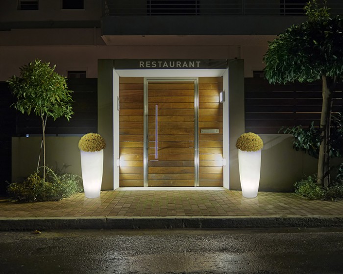Contemporary house entrance night view, Athens Greece